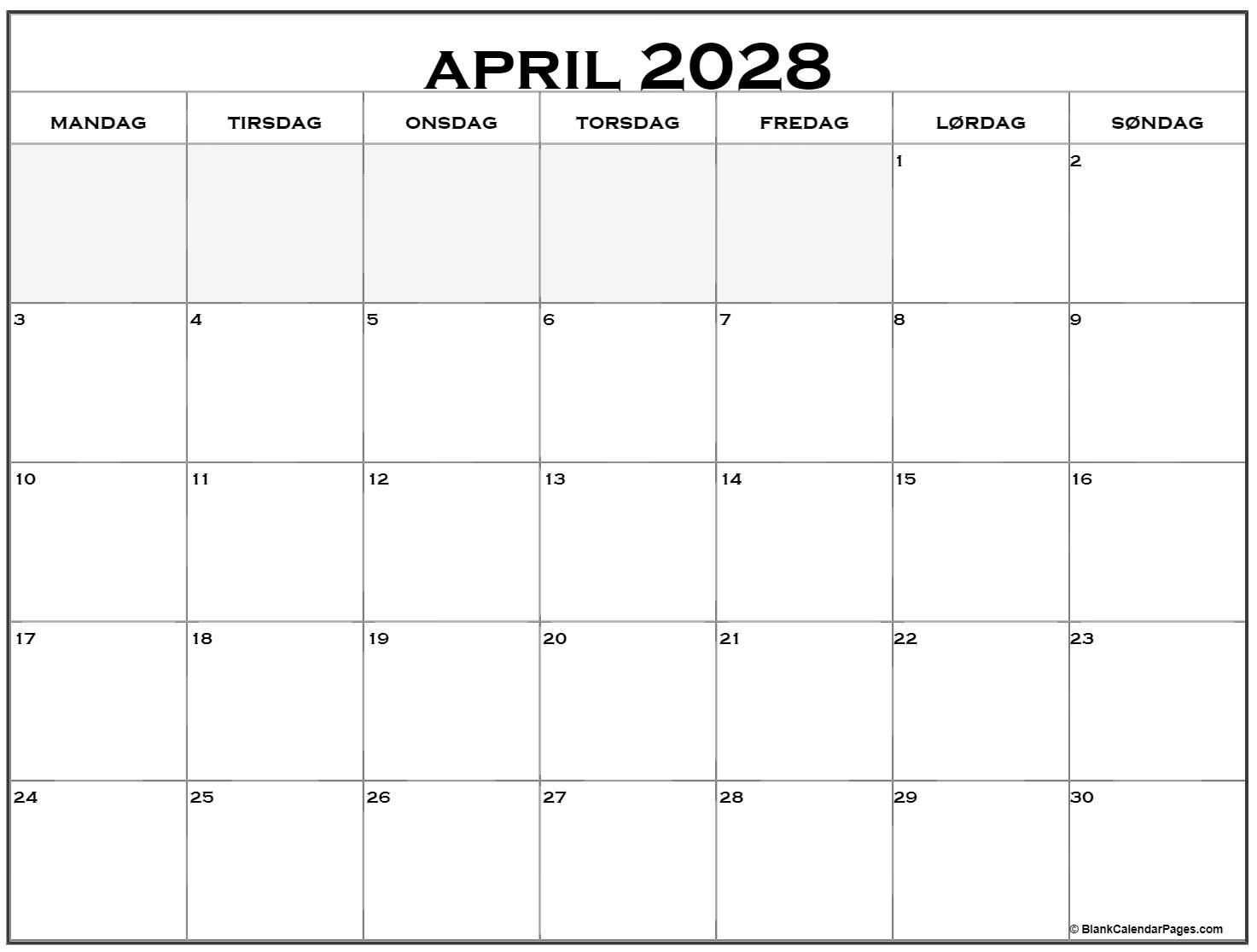 april 2028 kalender mandag start