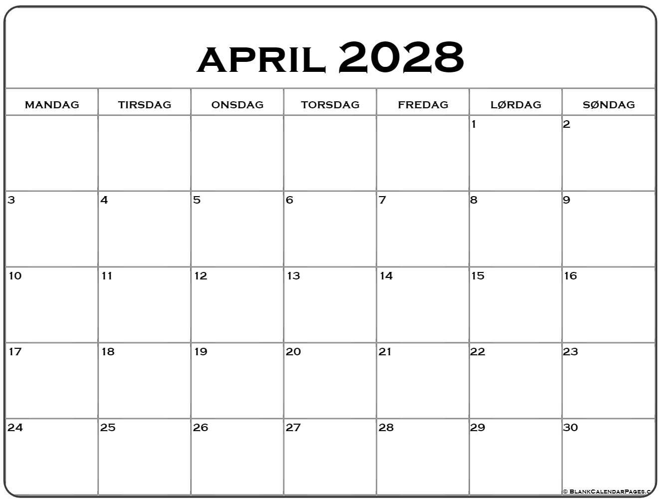 april 2028 kalender mandag start