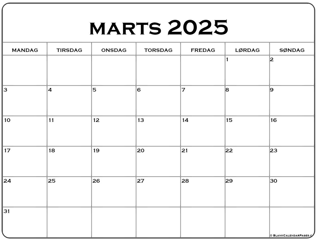 marts 2025 kalender Dansk  Kalender marts