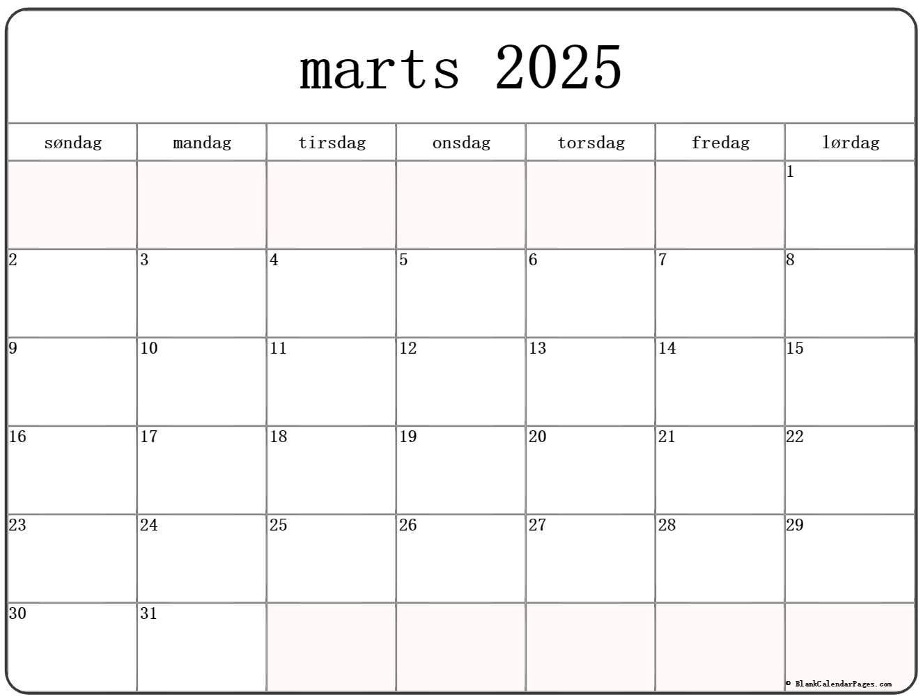 marts 2025 kalender Dansk  Kalender marts