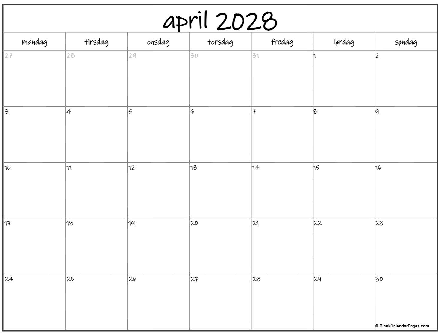 april 2028 kalender mandag start