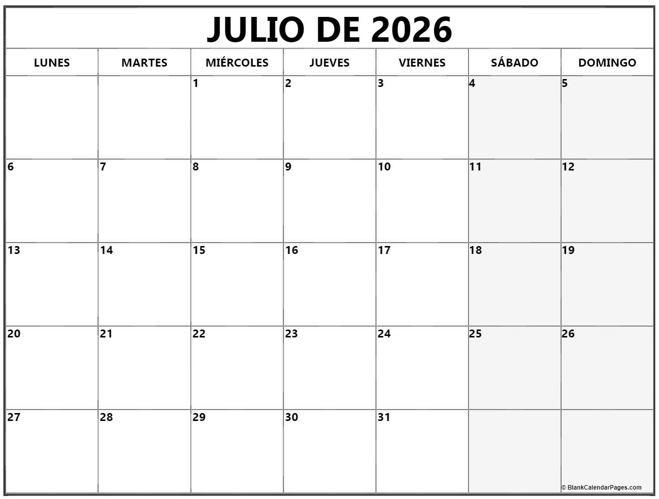 Julio De 2026 Calendario Gratis Calendario Julio