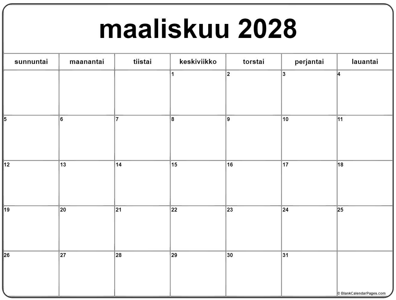 maaliskuu 2028 kalenteri