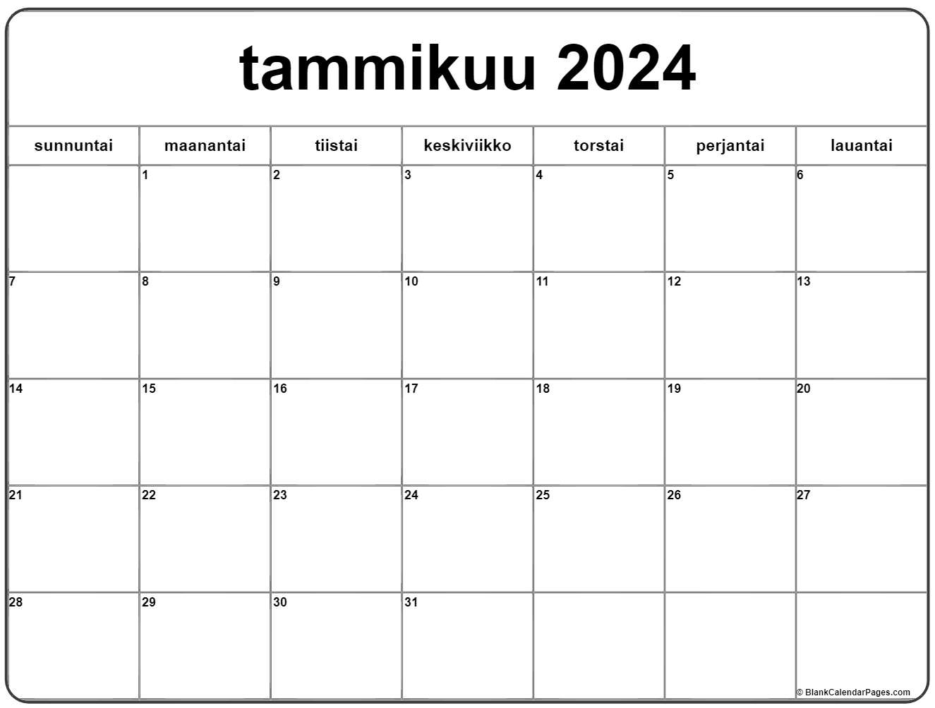 Tammikuu 2024 Tulostettava Kalenteri Suomeksi Kalenteri Tammikuu