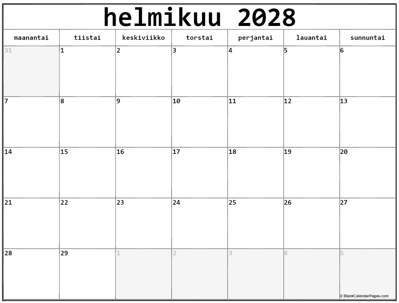 helmikuu 2028 kalenteri
