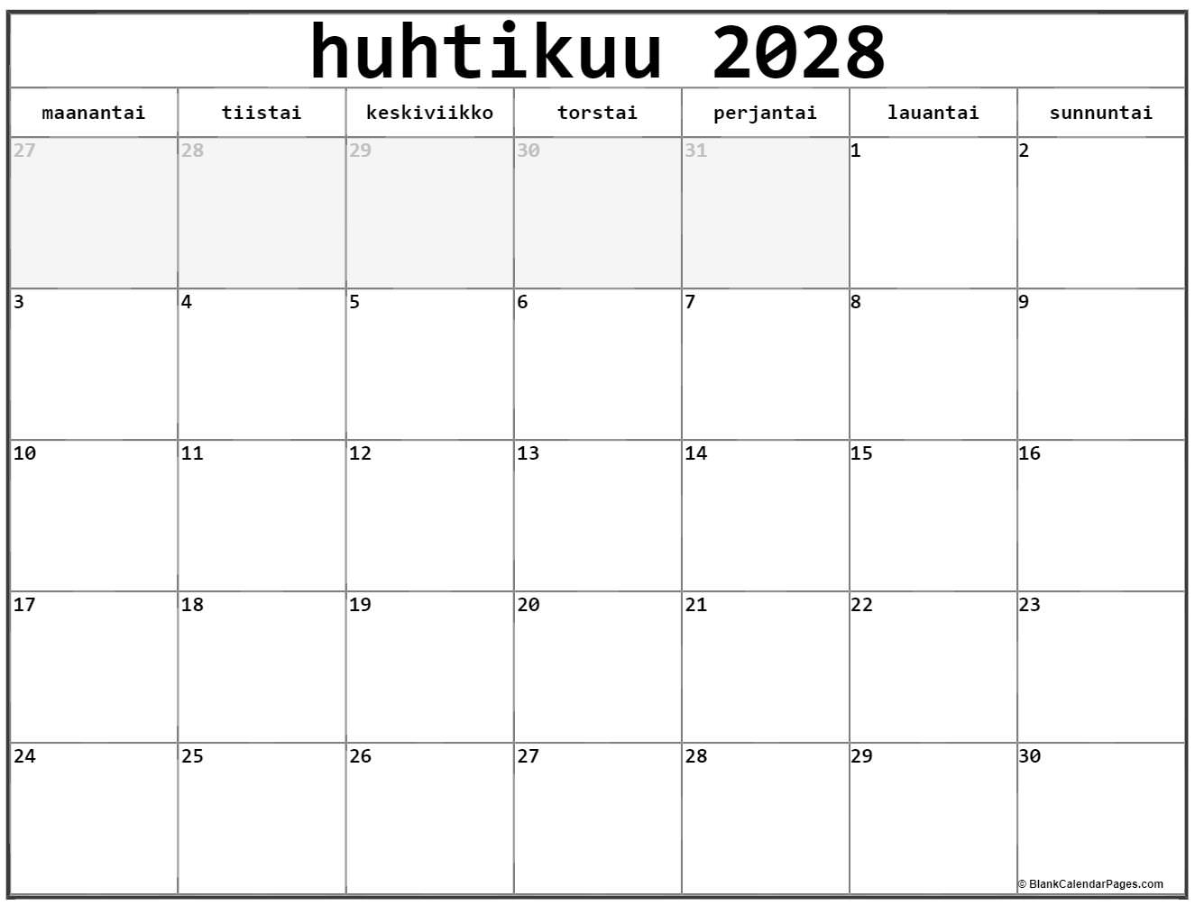 huhtikuu 2028 kalenteri