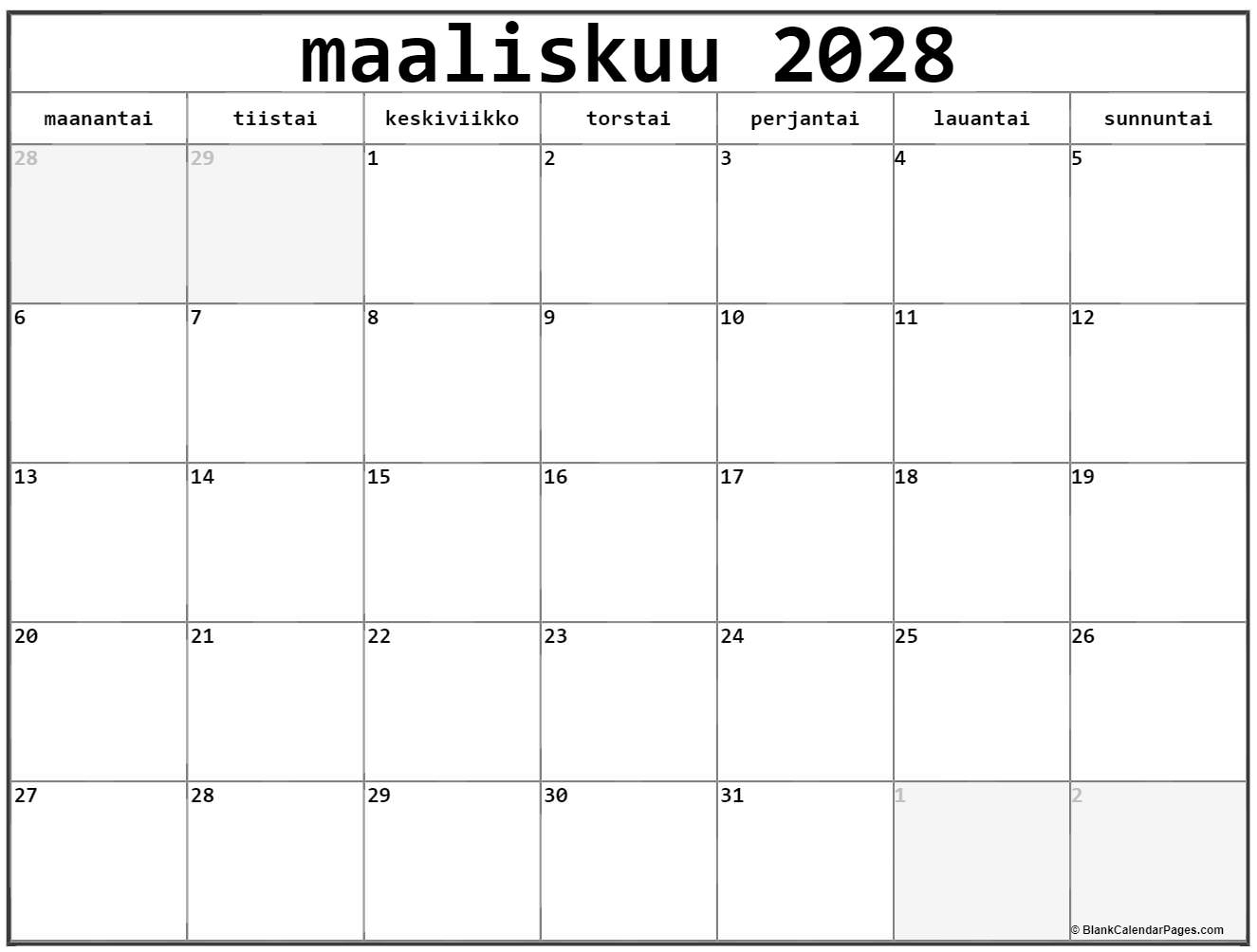 maaliskuu 2028 kalenteri