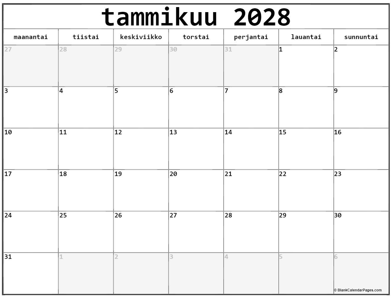Tammikuu 2028 Tulostettava Kalenteri Suomeksi Kalenteri Tammikuu