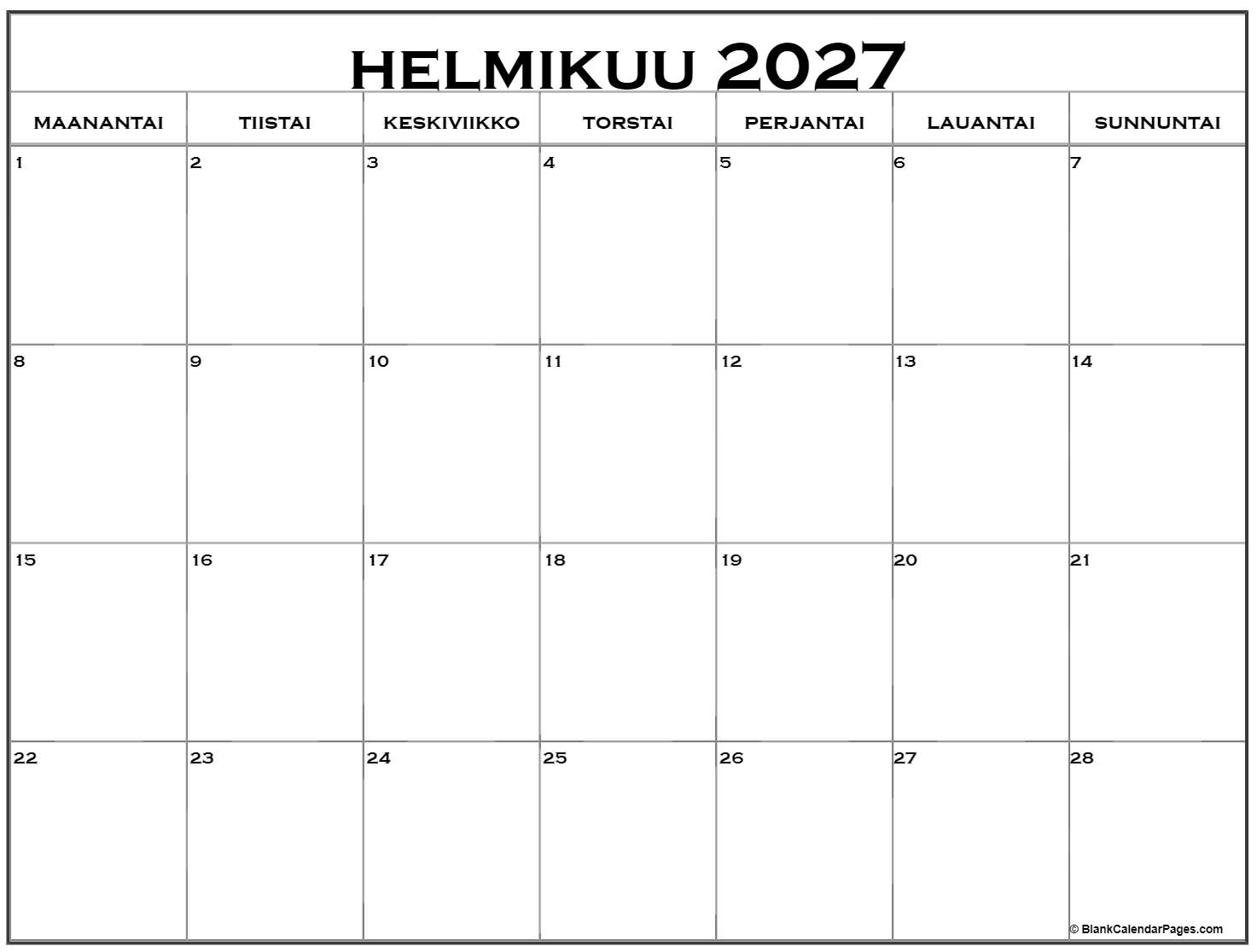 Helmikuu 2027 Tulostettava Kalenteri Suomeksi Kalenteri Helmikuu