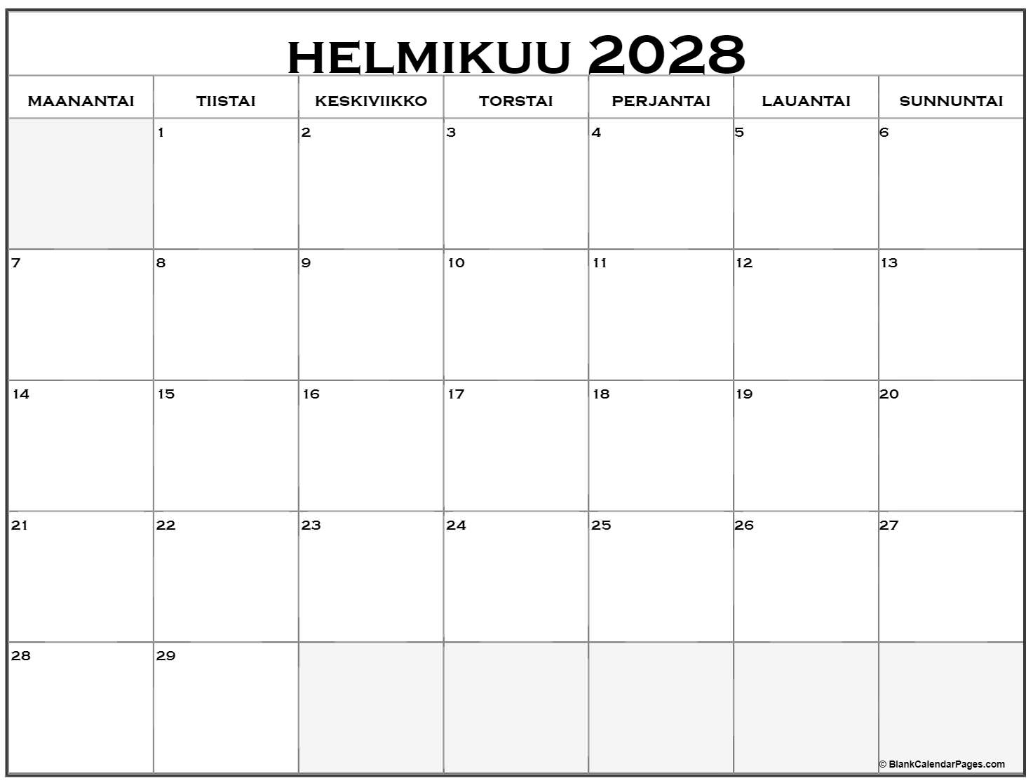 helmikuu 2028 kalenteri