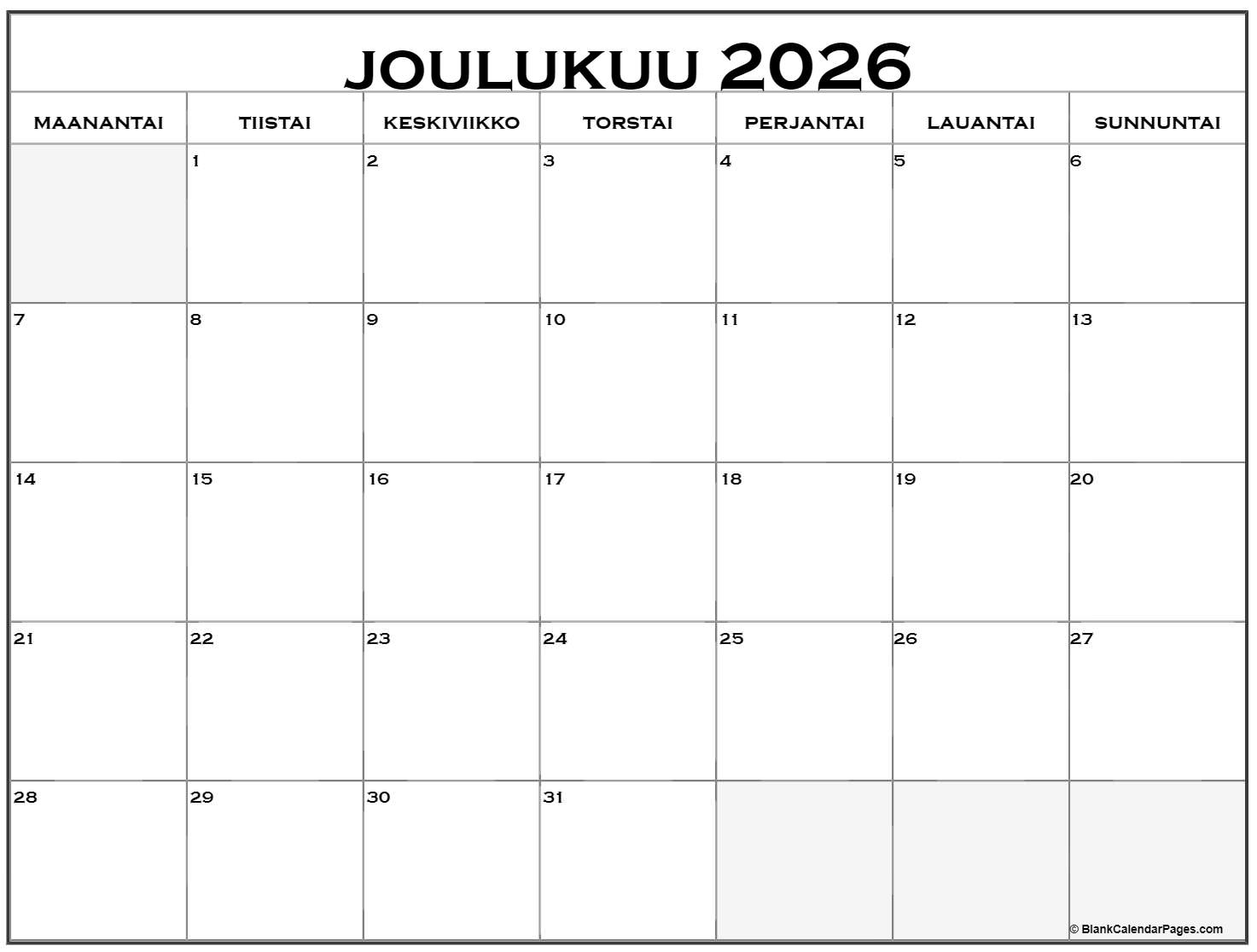 Joulukuu 2026 Tulostettava Kalenteri Suomeksi Kalenteri Joulukuu