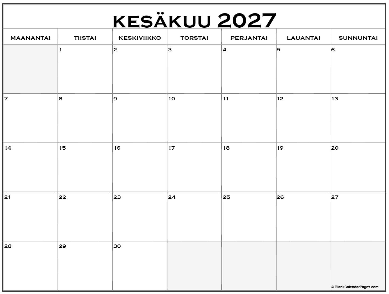 Kes kuu 2027 Tulostettava Kalenteri Suomeksi Kalenteri Kes kuu
