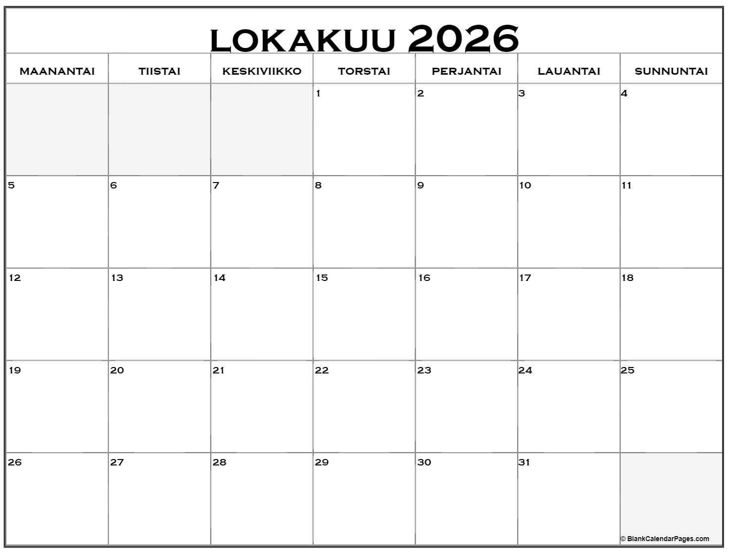 Lokakuu 2026 Tulostettava Kalenteri Suomeksi Kalenteri Lokakuu Lokakuu 2026 Tulostettava Kalenteri Suomeksi Kalenteri Lokakuu
