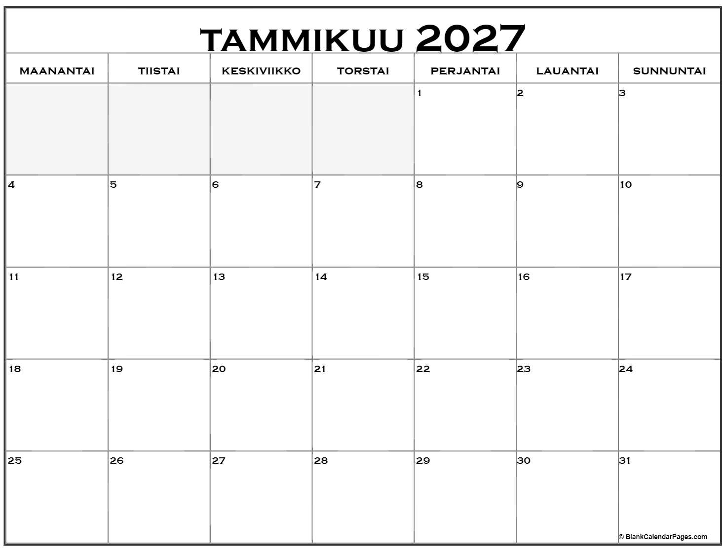 Tammikuu 2027 Tulostettava Kalenteri Suomeksi Kalenteri Tammikuu