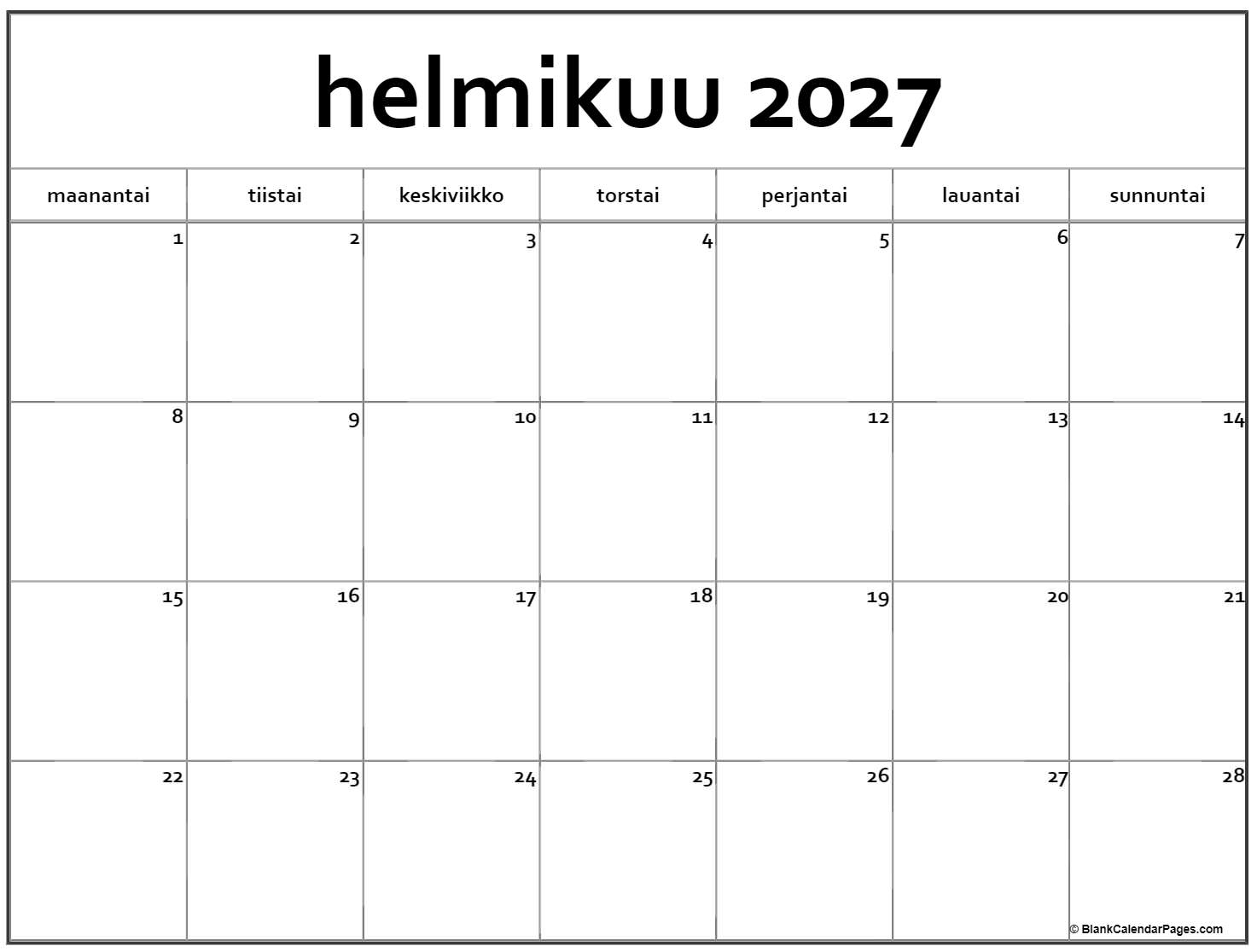 Helmikuu 2027 Tulostettava Kalenteri Suomeksi Kalenteri Helmikuu
