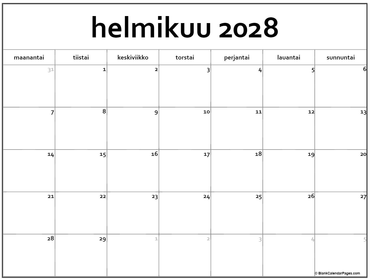 helmikuu 2028 kalenteri