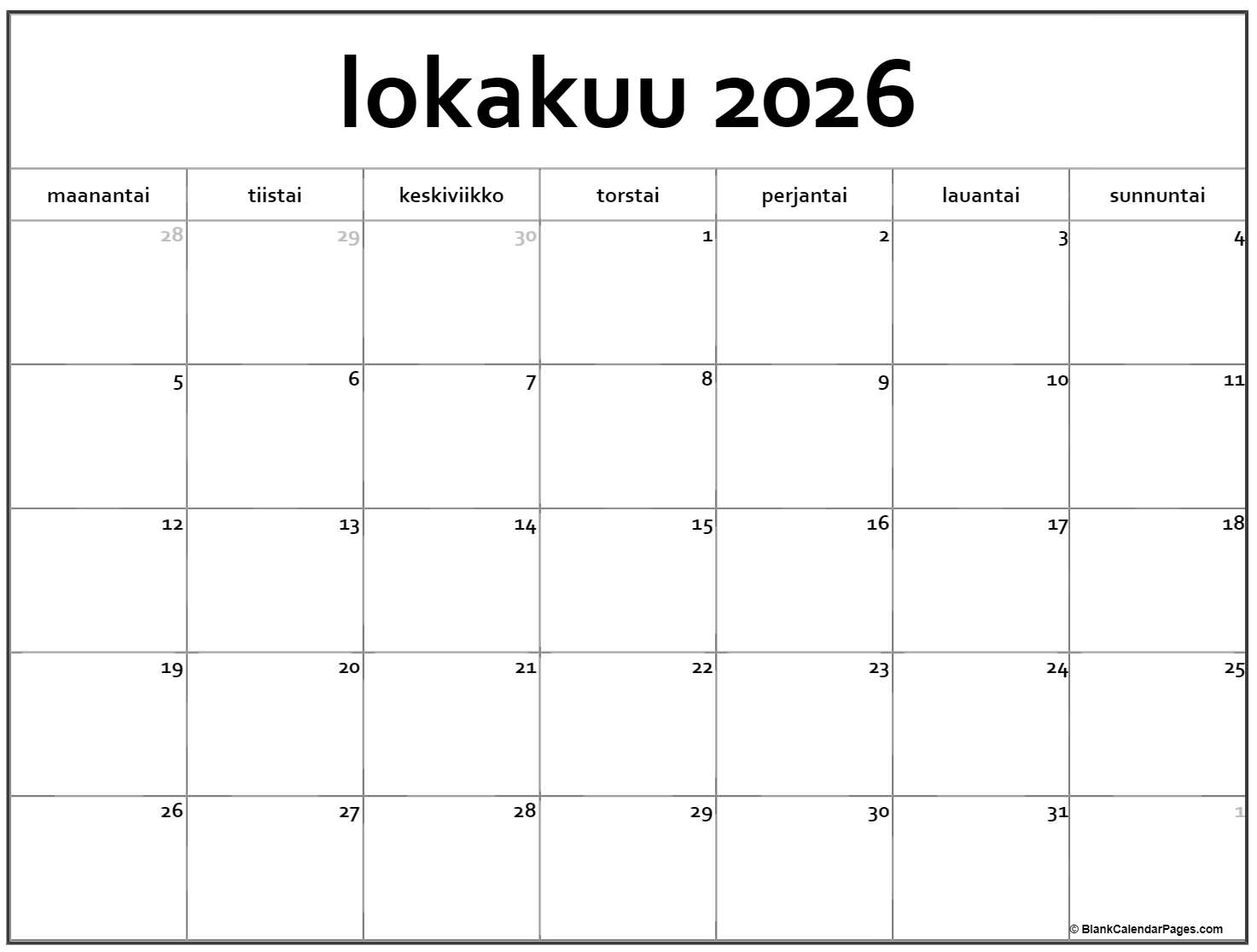 Lokakuu 2026 Tulostettava Kalenteri Suomeksi Kalenteri Lokakuu Lokakuu 2026 Tulostettava Kalenteri Suomeksi Kalenteri Lokakuu