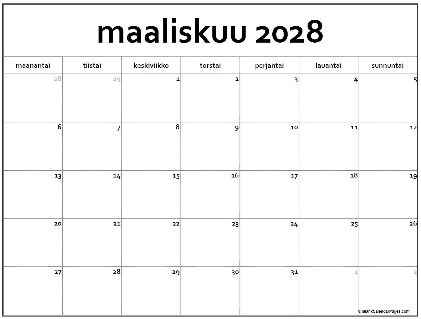 maaliskuu 2028 kalenteri
