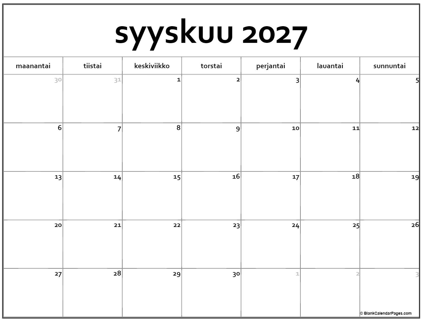 Syyskuu 2027 Tulostettava Kalenteri Suomeksi Kalenteri Syyskuu Syyskuu 2027 Tulostettava Kalenteri Suomeksi Kalenteri Syyskuu