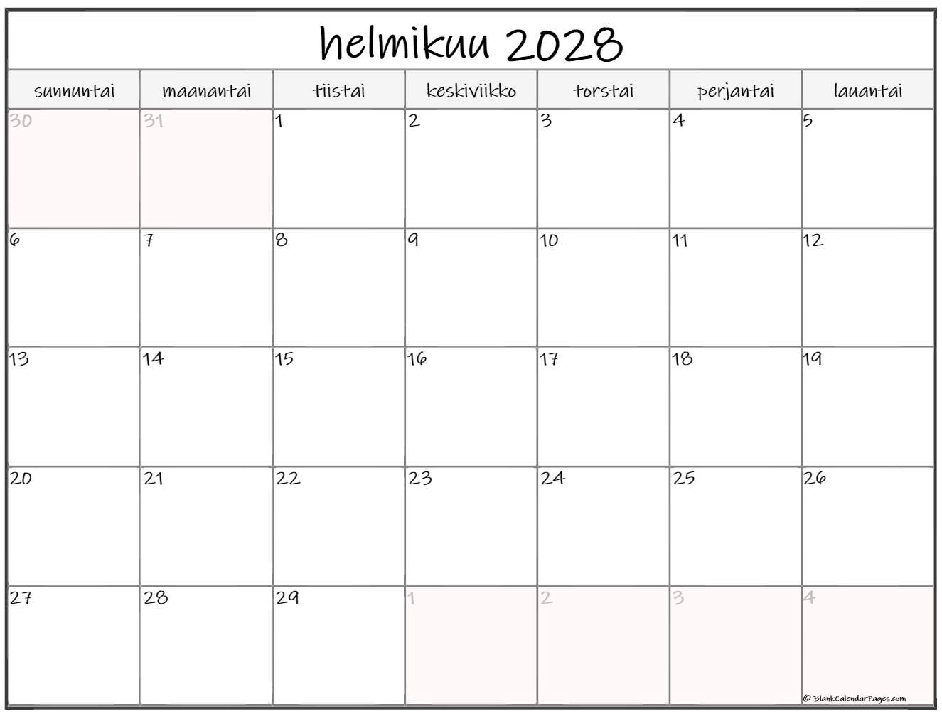 helmikuu 2028 kalenteri