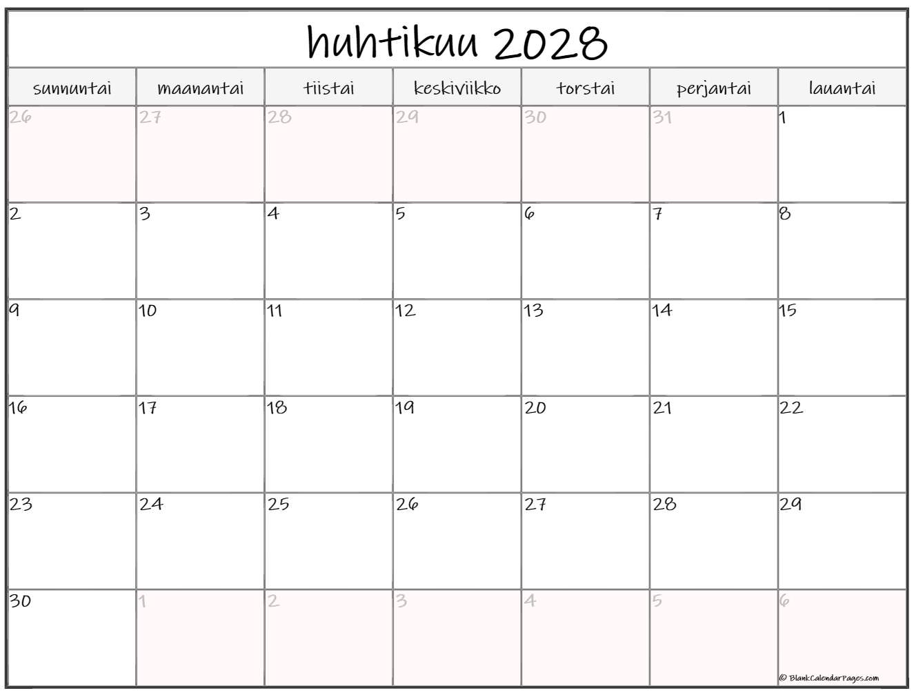 huhtikuu 2028 kalenteri