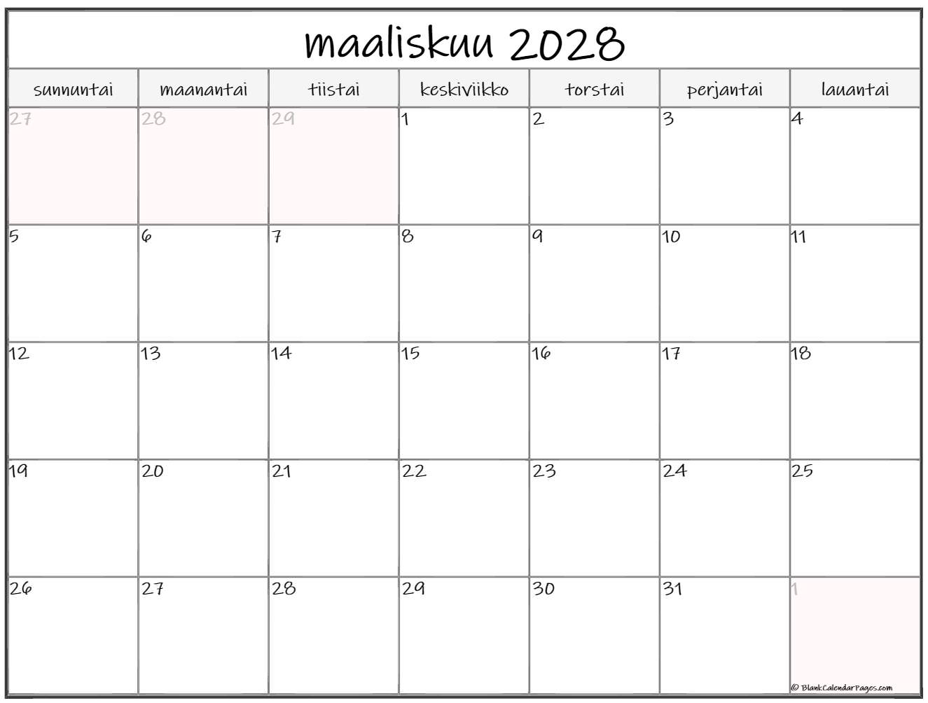 maaliskuu 2028 kalenteri