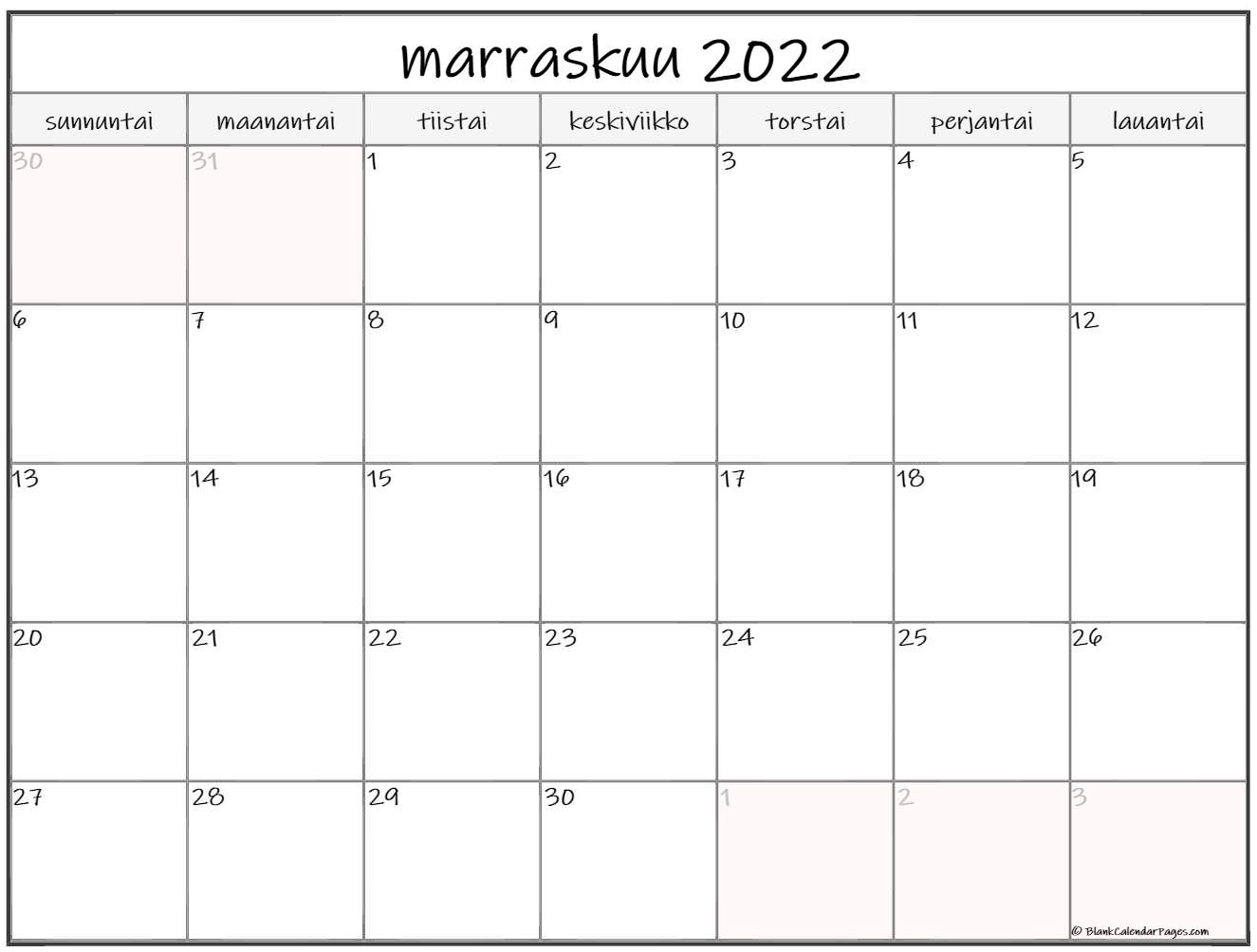 marraskuu 2022 tulostettava kalenteri suomeksi | kalenteri marraskuu