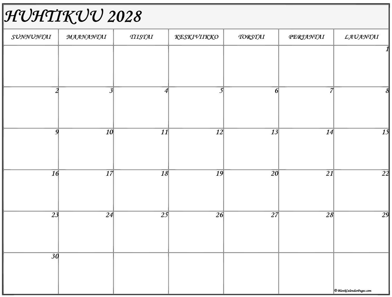 huhtikuu 2028 kalenteri