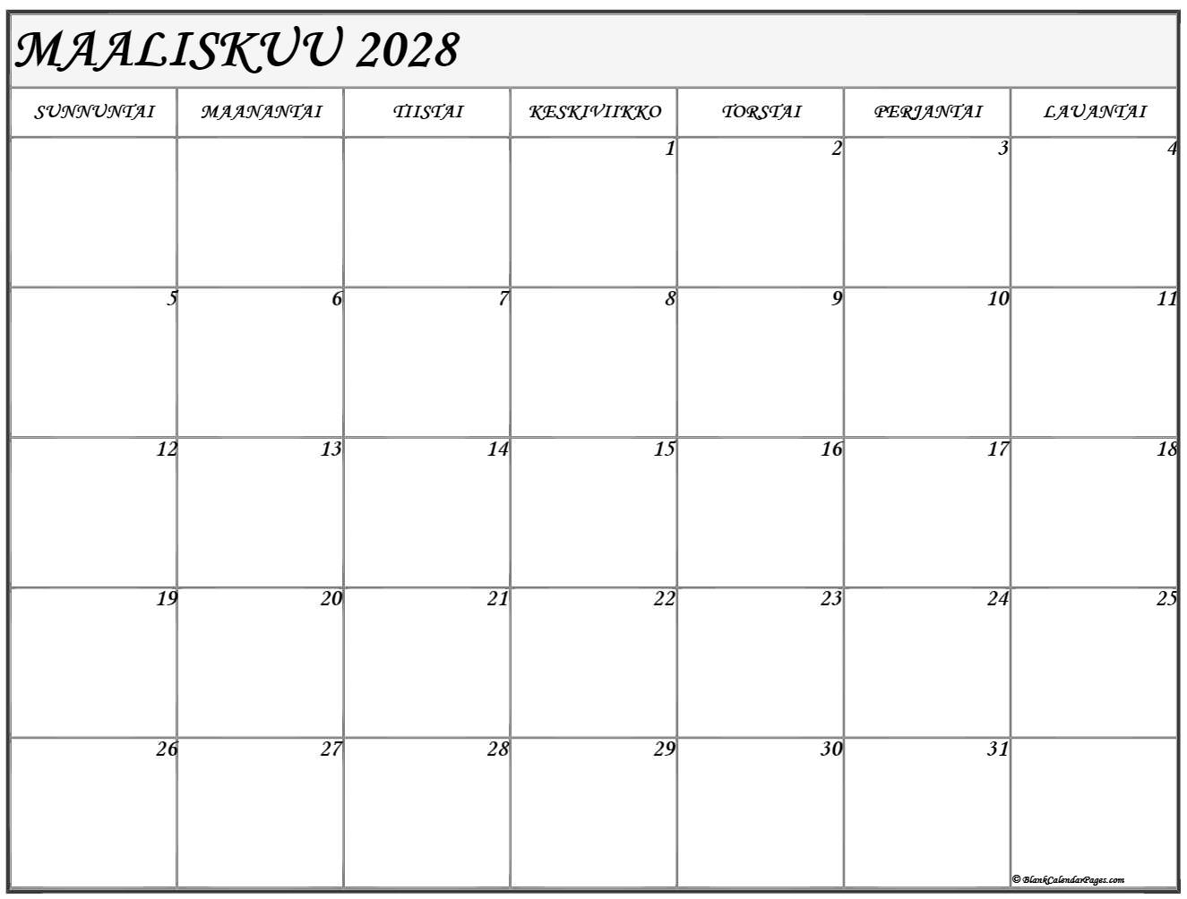 maaliskuu 2028 kalenteri