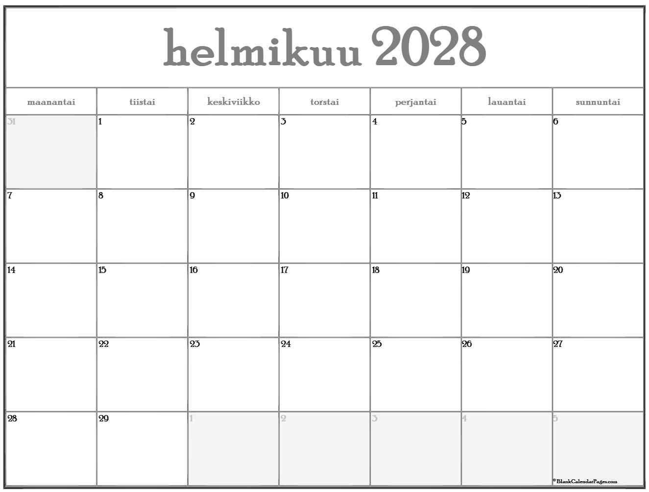 helmikuu 2028 kalenteri