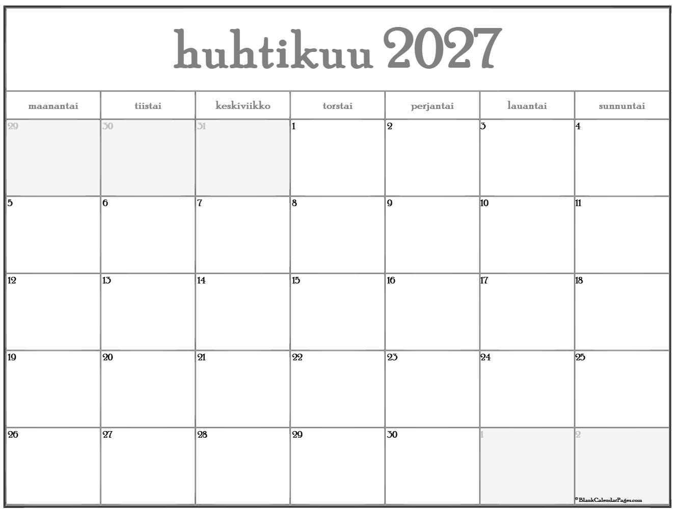 Huhtikuu 2027 Tulostettava Kalenteri Suomeksi Kalenteri Huhtikuu Huhtikuu 2027 Tulostettava Kalenteri Suomeksi Kalenteri Huhtikuu
