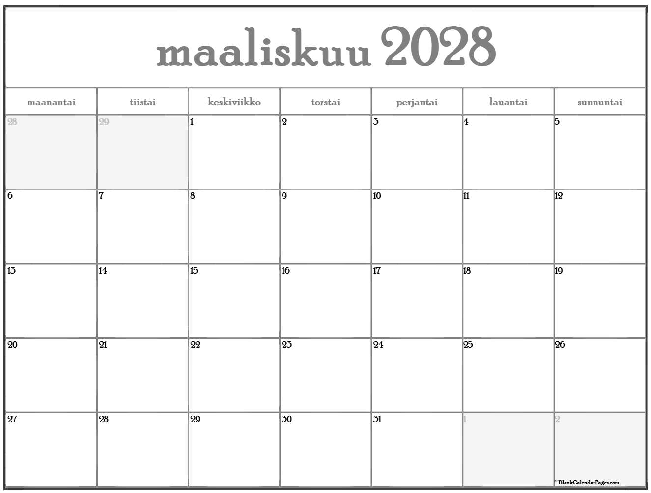 maaliskuu 2028 kalenteri