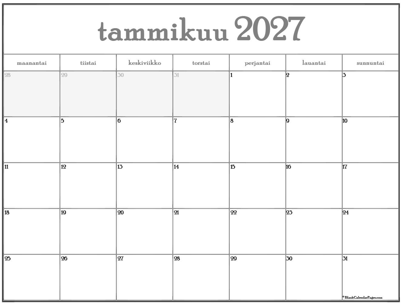 Tammikuu 2027 Tulostettava Kalenteri Suomeksi Kalenteri Tammikuu