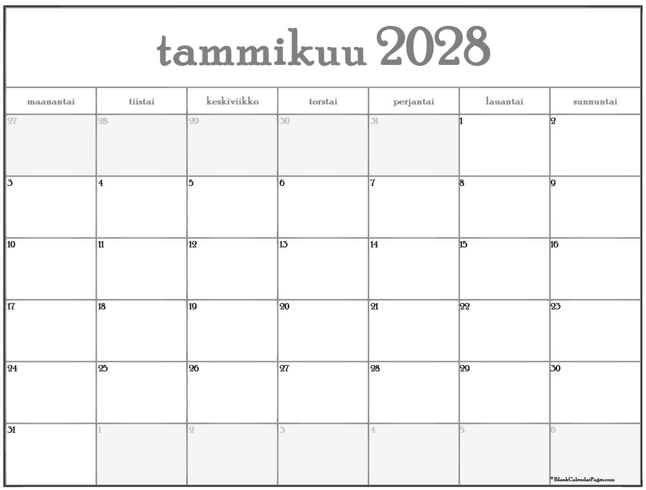 Tammikuu 2028 Tulostettava Kalenteri Suomeksi Kalenteri Tammikuu