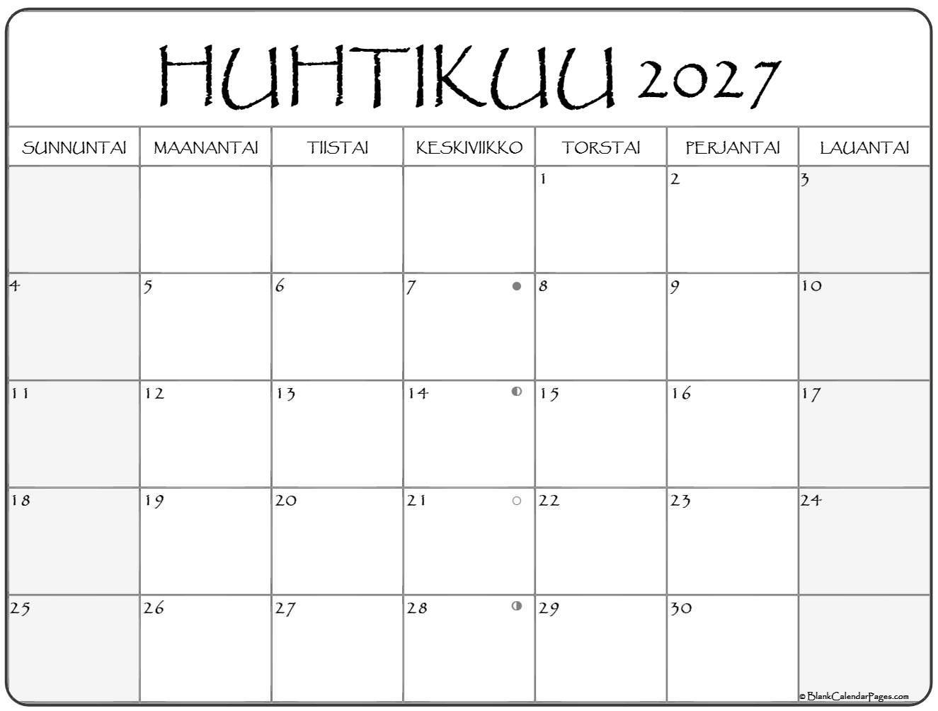 Huhtikuu 2027 Tulostettava Kalenteri Suomeksi Kalenteri Huhtikuu