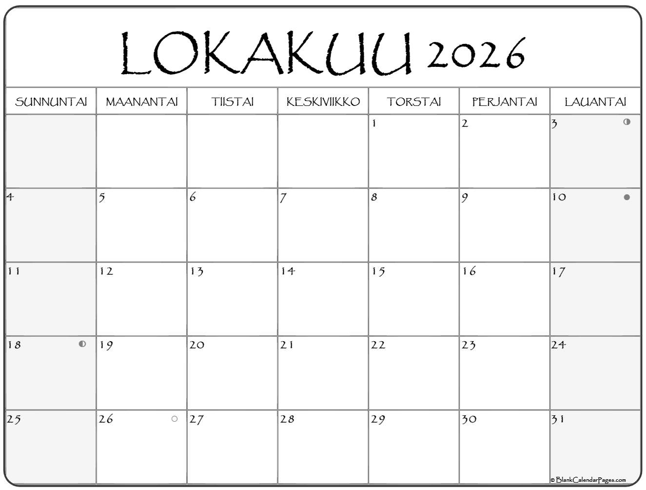 Lokakuu 2026 Tulostettava Kalenteri Suomeksi Kalenteri Lokakuu Lokakuu 2026 Tulostettava Kalenteri Suomeksi Kalenteri Lokakuu
