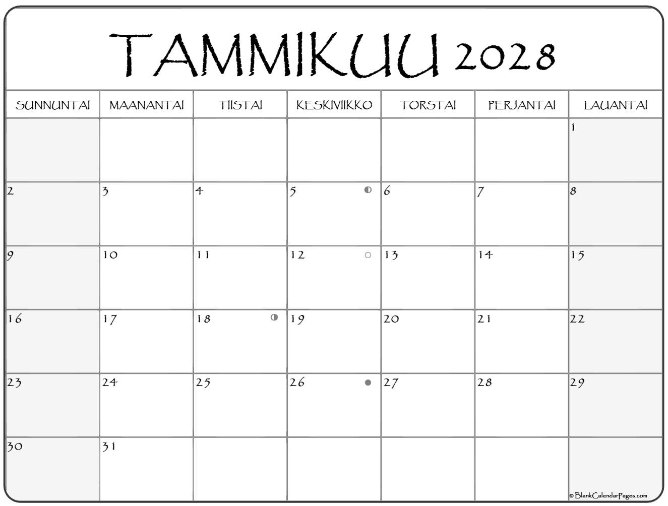Tammikuu 2028 Tulostettava Kalenteri Suomeksi Kalenteri Tammikuu