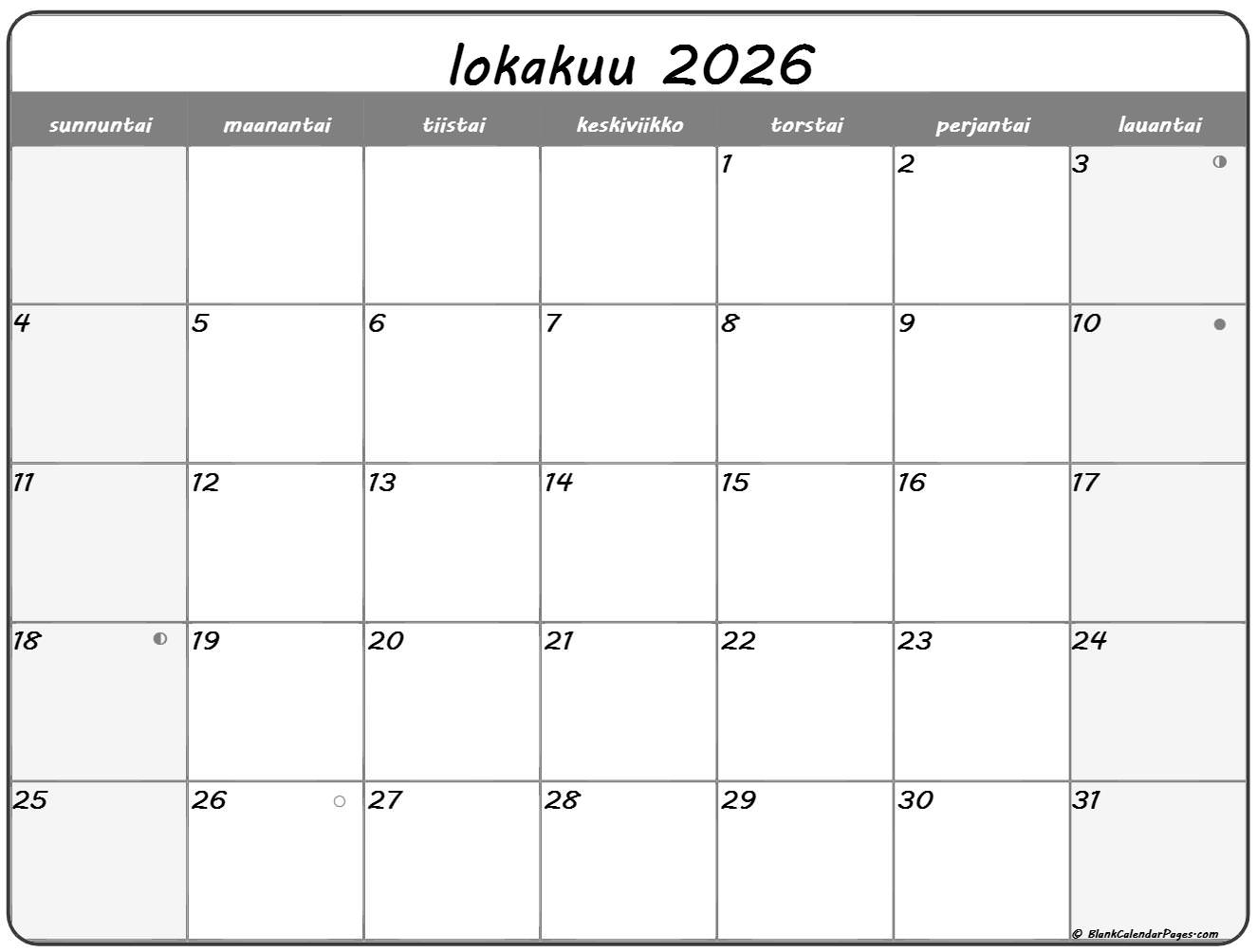Lokakuu 2026 Tulostettava Kalenteri Suomeksi Kalenteri Lokakuu Lokakuu 2026 Tulostettava Kalenteri Suomeksi Kalenteri Lokakuu