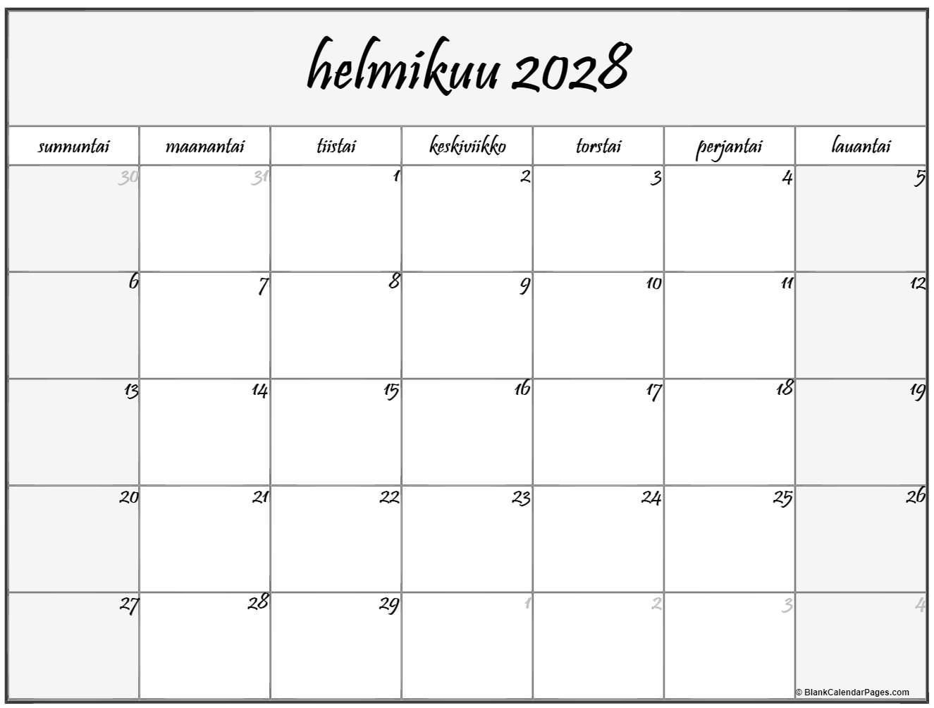 helmikuu 2028 kalenteri