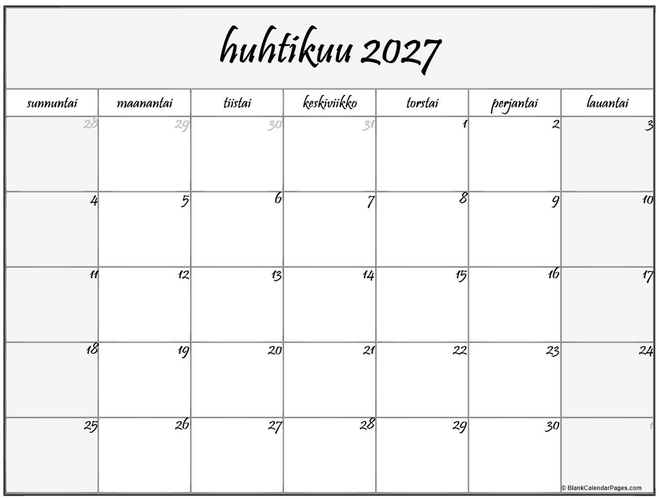 Huhtikuu 2027 Tulostettava Kalenteri Suomeksi Kalenteri Huhtikuu Huhtikuu 2027 Tulostettava Kalenteri Suomeksi Kalenteri Huhtikuu