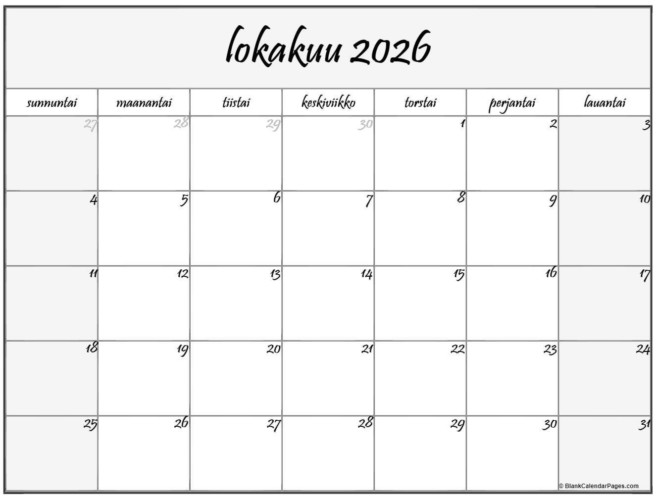 Lokakuu 2026 Tulostettava Kalenteri Suomeksi Kalenteri Lokakuu