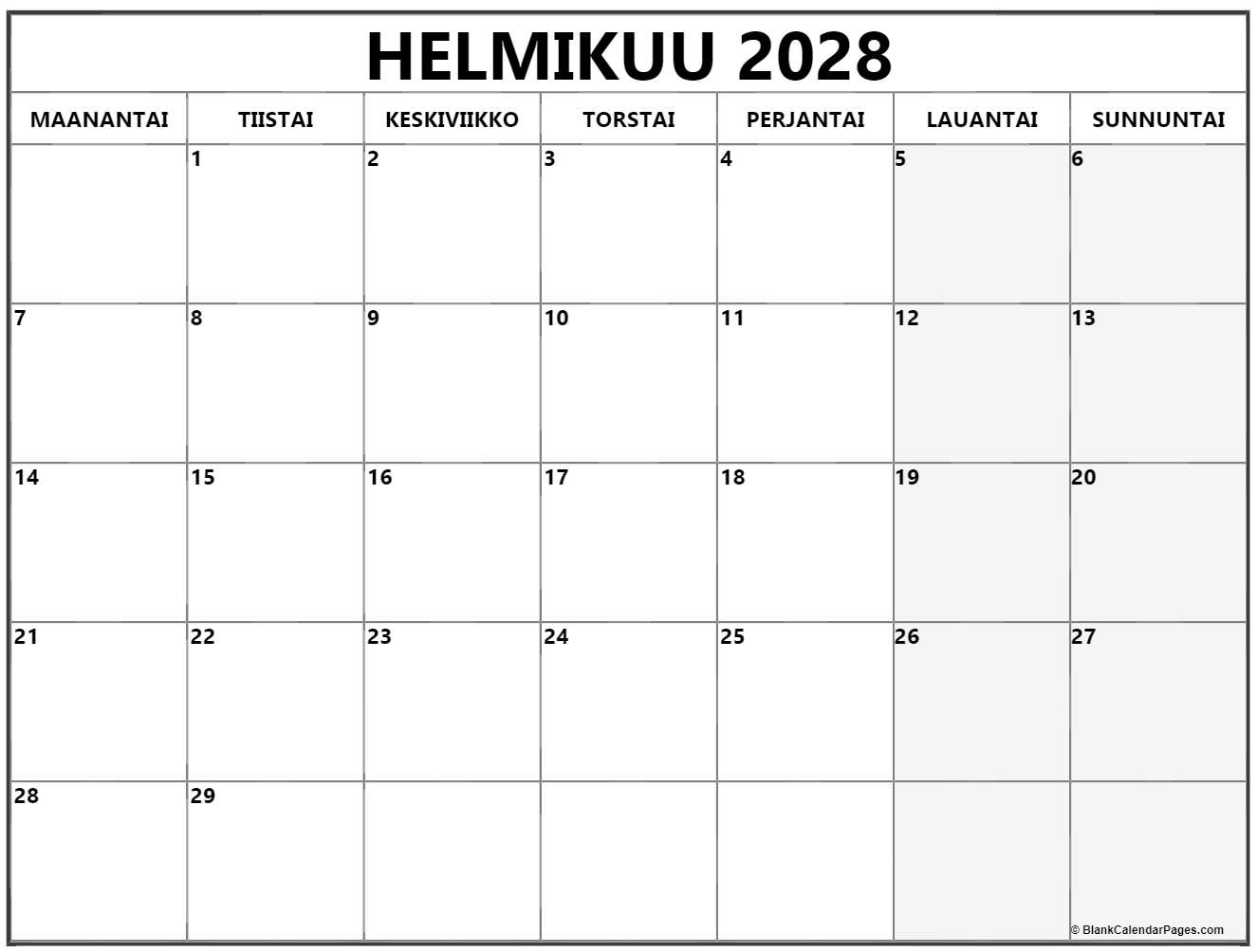 helmikuu 2028 kalenteri