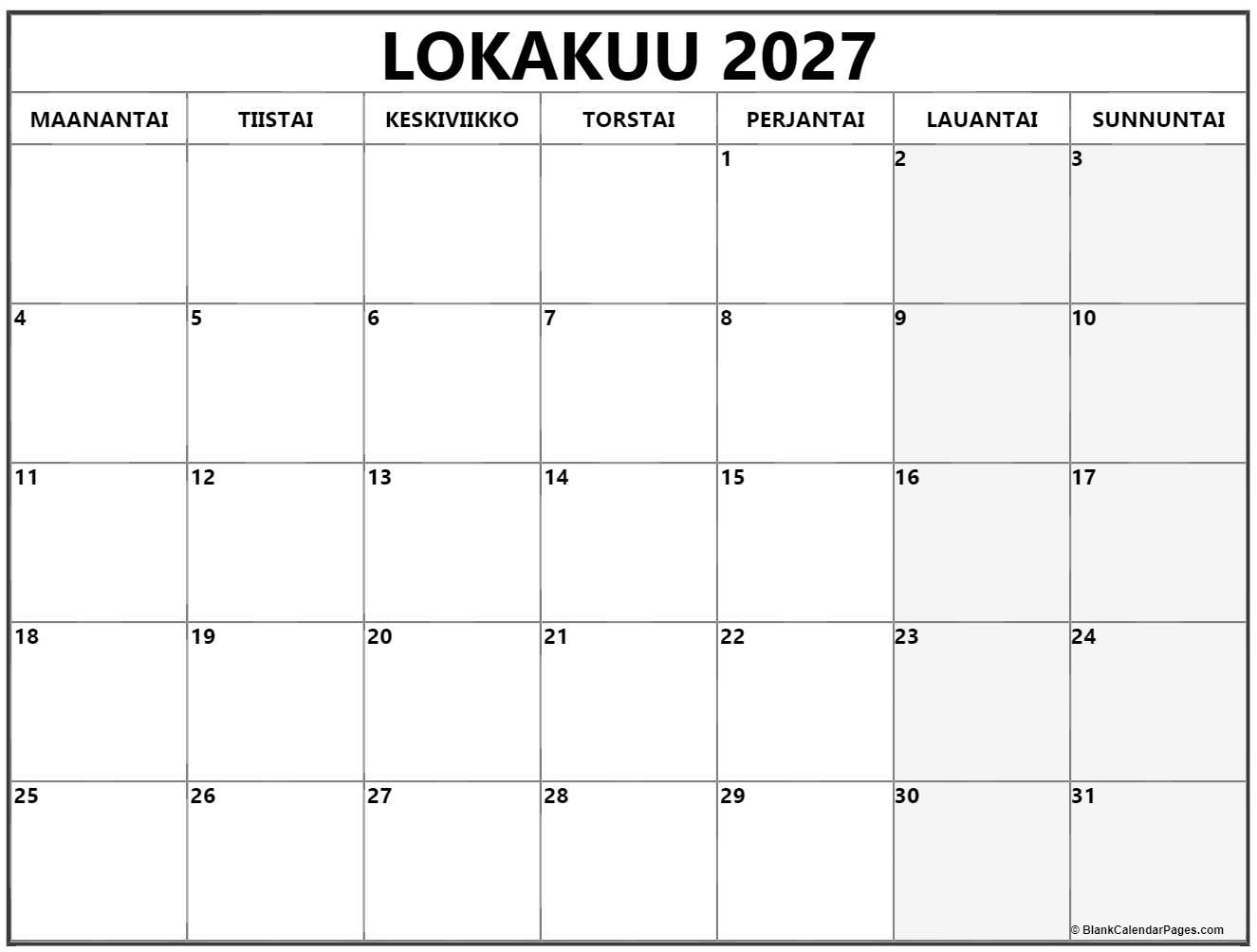Lokakuu 2027 Tulostettava Kalenteri Suomeksi Kalenteri Lokakuu