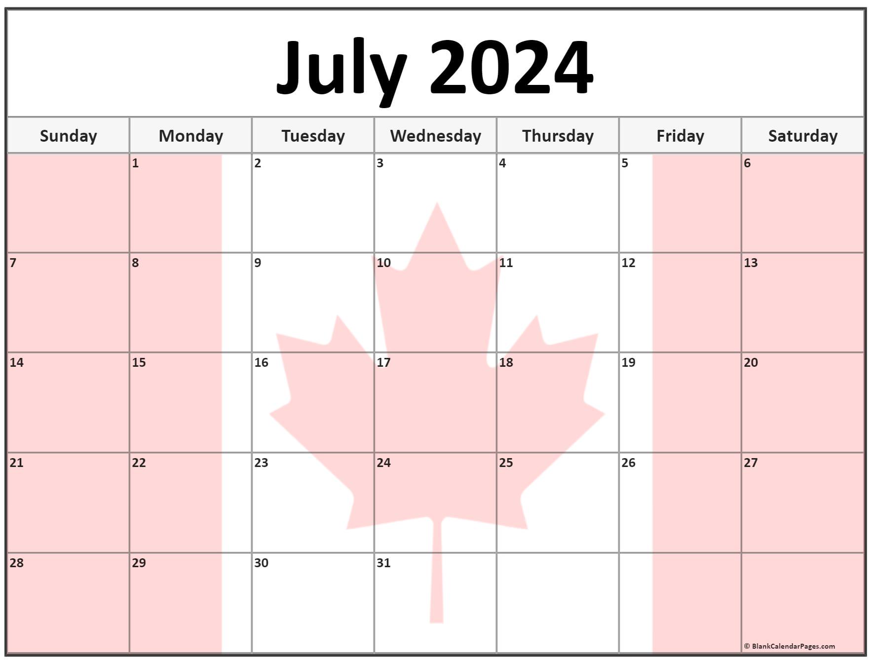 July 2024 Calendar Canada Flag2 