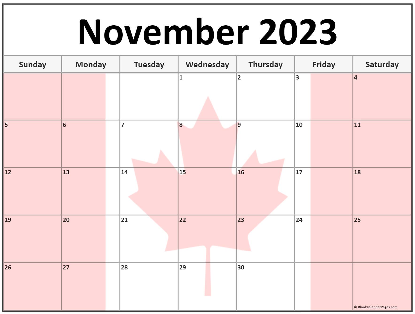 Free Printable November 2023 Calendar Canada