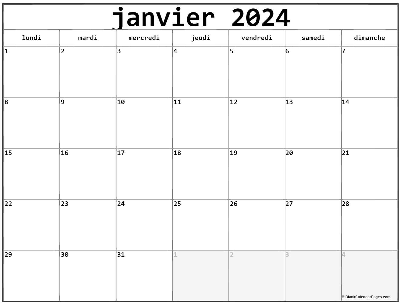 Calendrier mensuel à imprimer janvier 2024