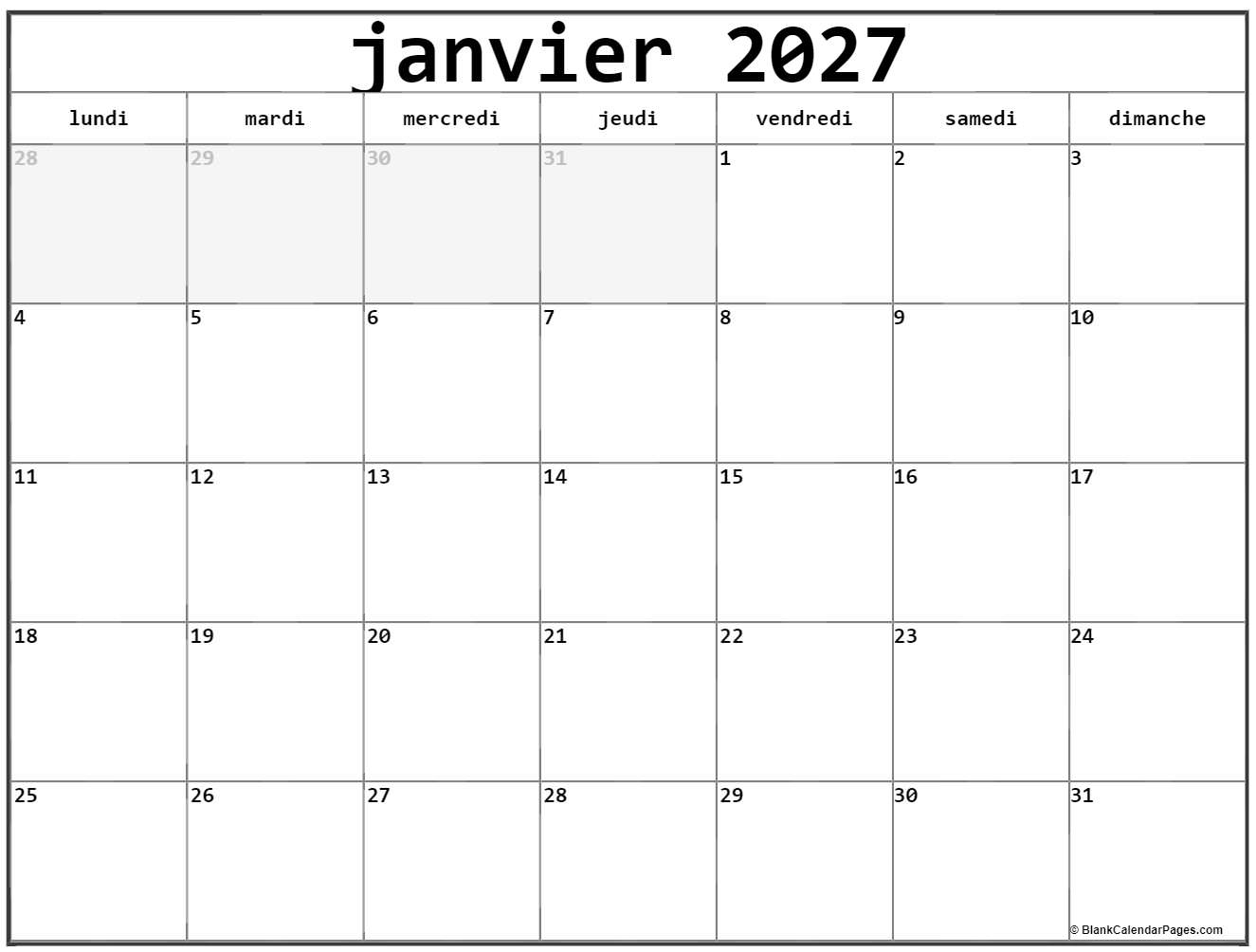 Janvier 2027 Calendrier Imprimable Calendrier Gratuit