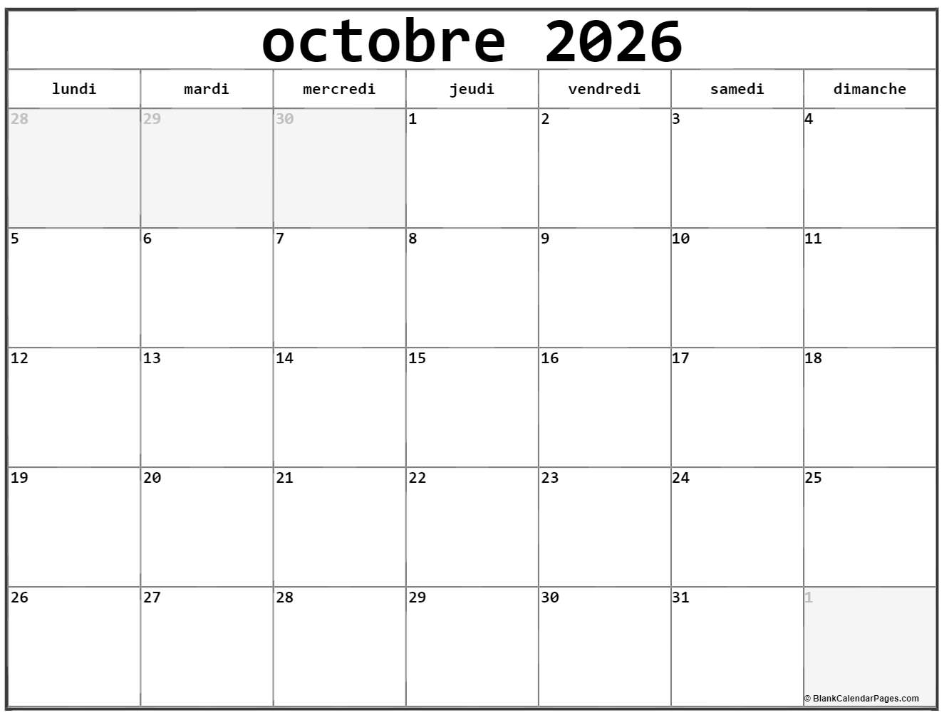 Octobre 2026 Calendrier Imprimable Calendrier Gratuit Octobre 2026 Calendrier Imprimable Calendrier Gratuit