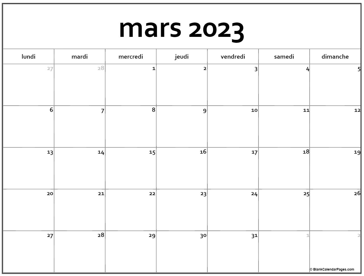 mars 2023 calendrier imprimable | Calendrier gratuit