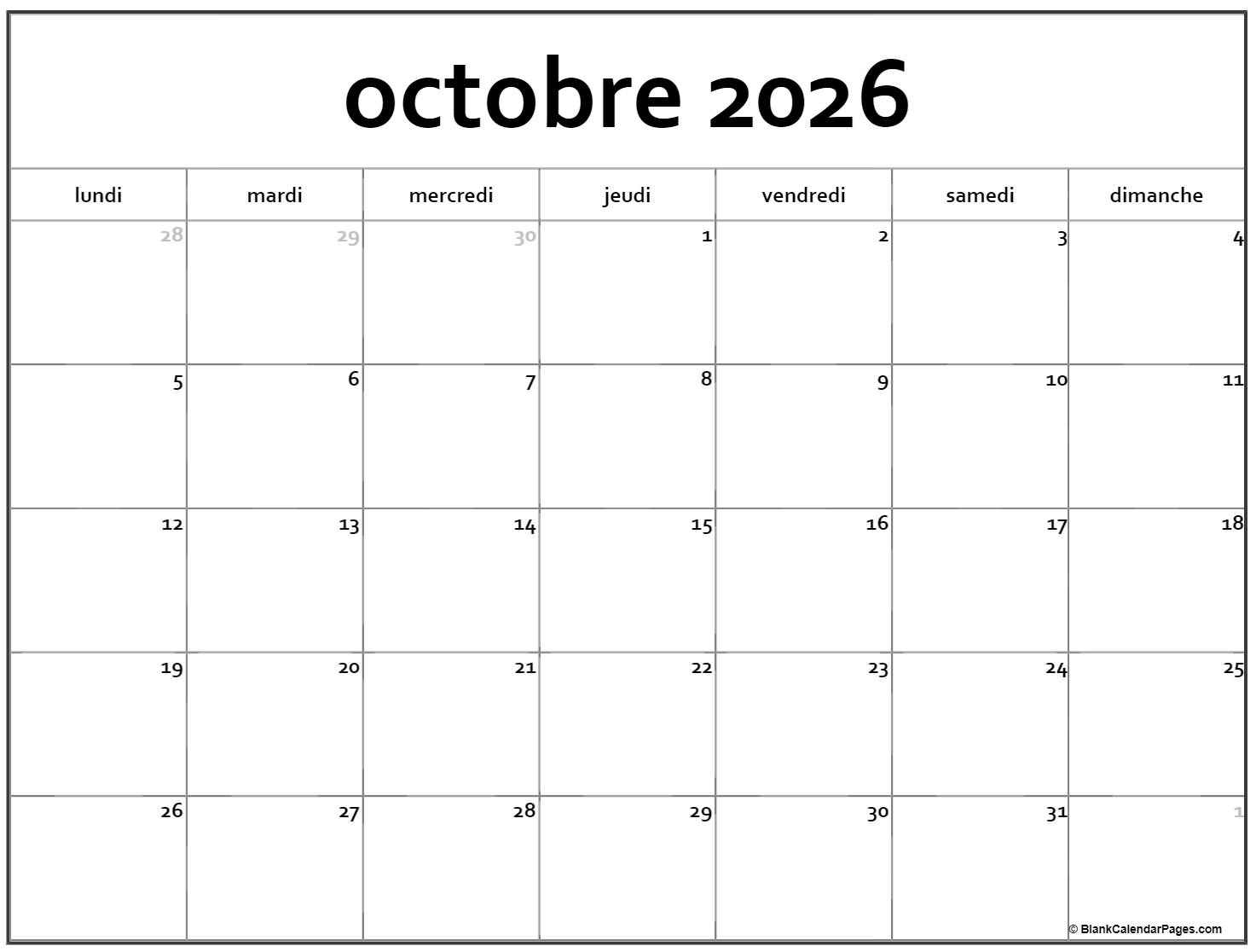 Octobre 2026 Calendrier Imprimable Calendrier Gratuit Octobre 2026 Calendrier Imprimable Calendrier Gratuit